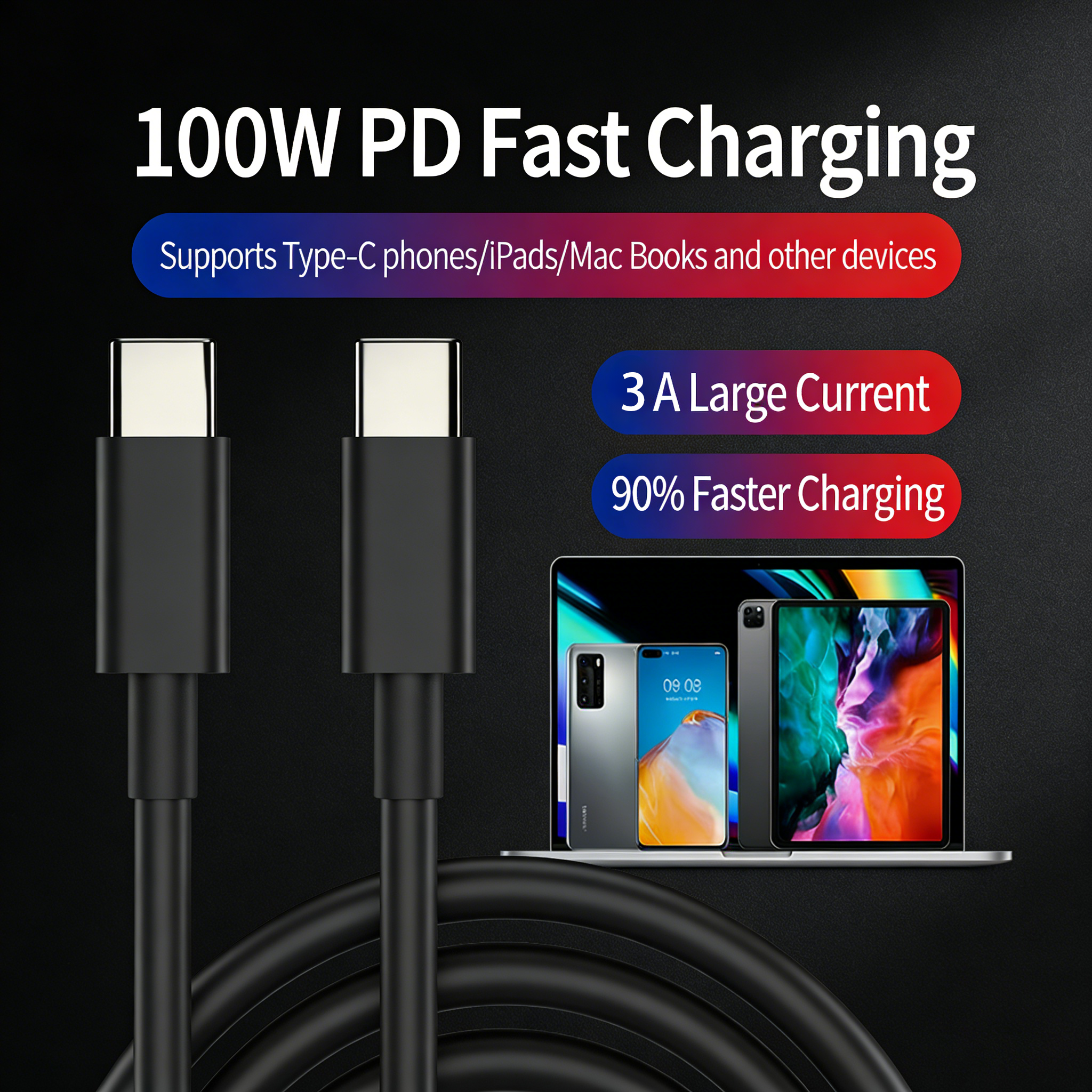 100W USB Type-C to Type-C Fast Charging Cable - 3A PD Quick Charge | 1m/1.5m/2m