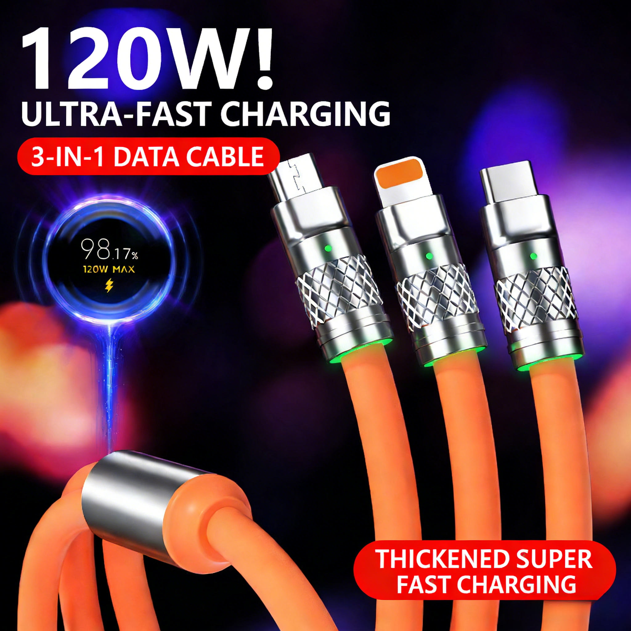 120W 3-in-1 Fast Charging Cable - Lightning/Type-C/Micro-USB Universal Charger | 1.2m