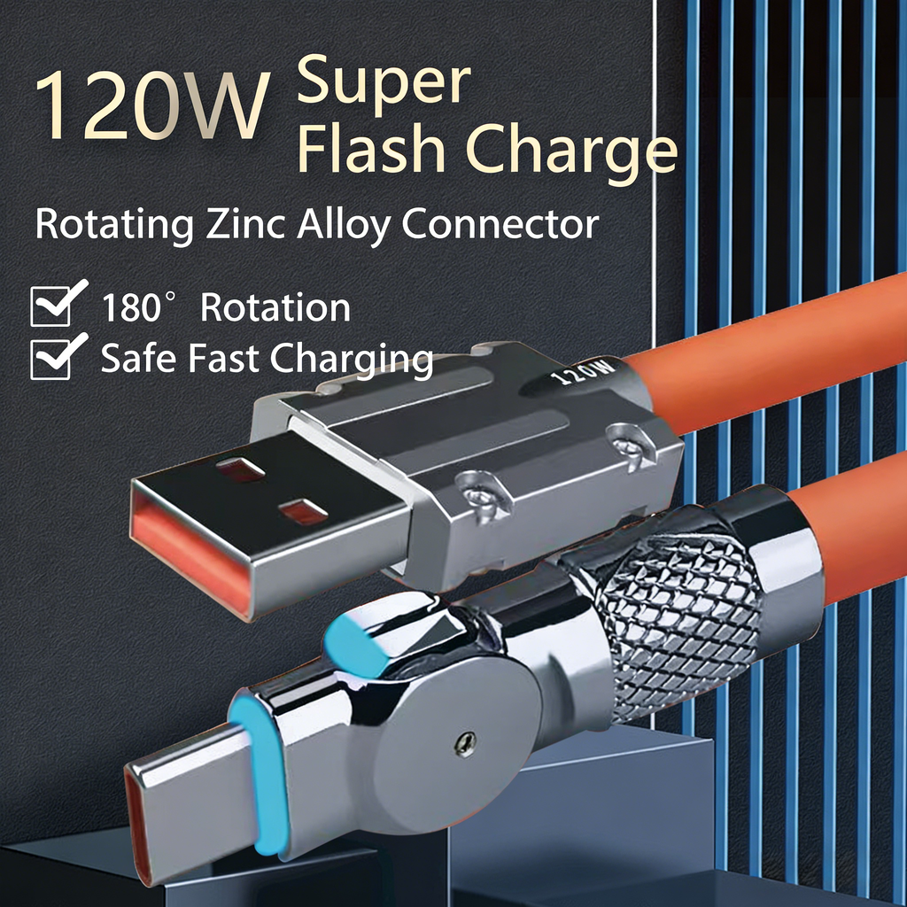 120W Rotating Connector Cable USB-A to Type-C - 180° Elbow Design | 1m/2m