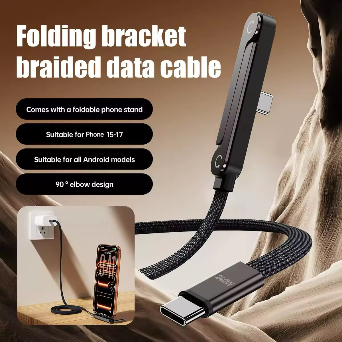 2-in-1 Invisible Stand Charging Cable, Multi Charger Cord with Type C Multi-Angle Adjustable Stand, 240W Fast Charging Cable 5 FT, for Smartphones, Tablets, Laptops and Gaming Devices