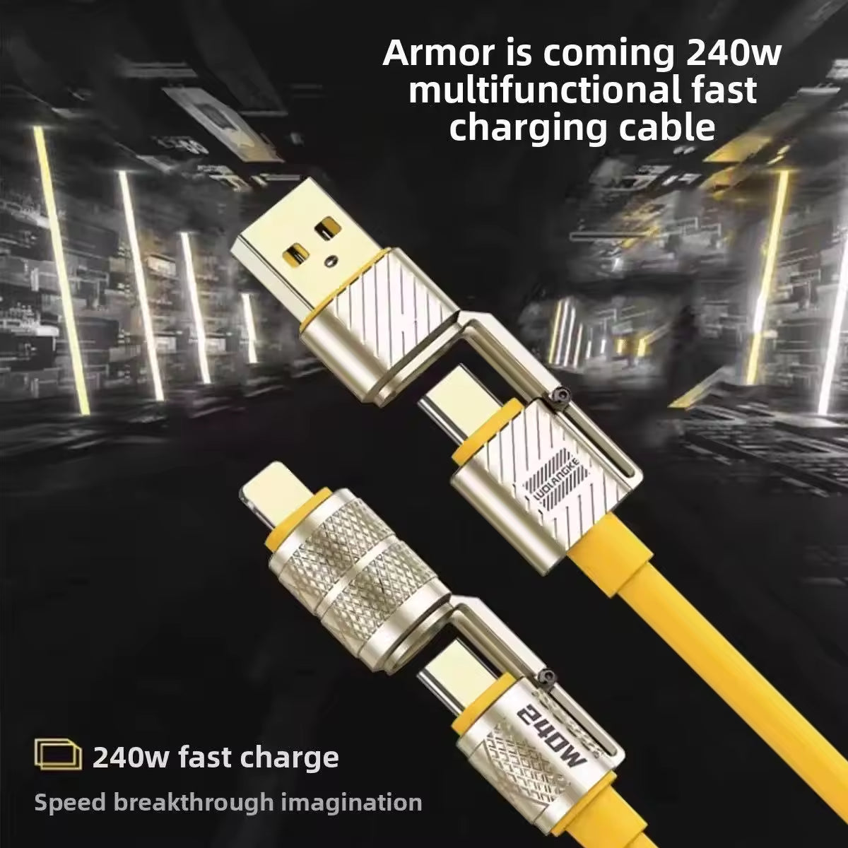 ANKDREAMINK Mecha 4-in-1 Fast Charging Cable 240W, Rotatable Zinc Alloy  Connector USB C to Lightning/Type-C/USB-A, Universal Silicone Data Cord for iPhone Samsung Laptop, CE ROHS Certified